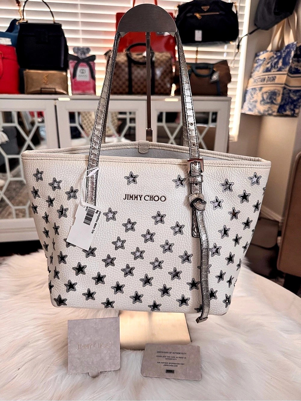 Jimmy Choo Sasha Tote Star-Studded Leather White & Silver